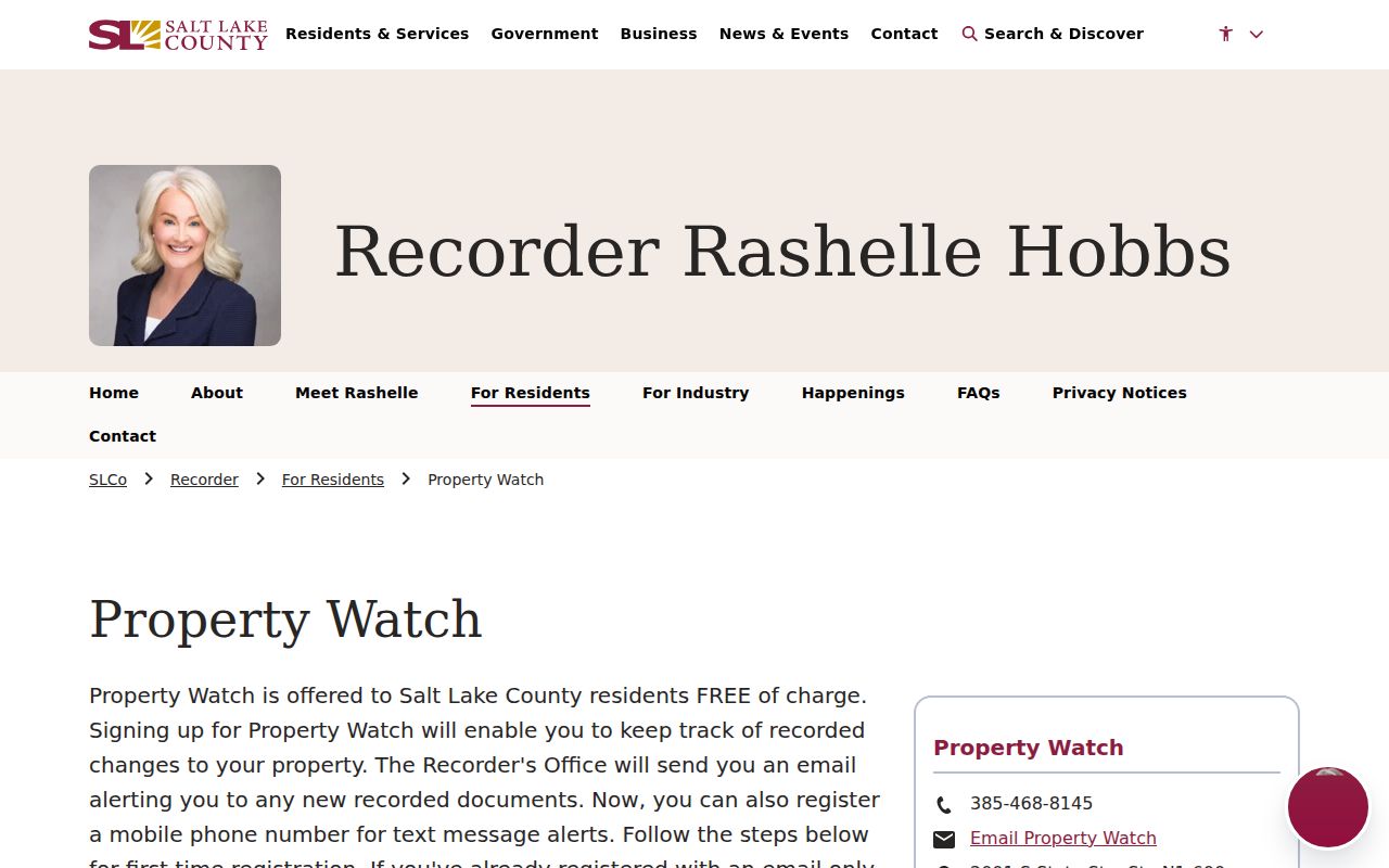 Salt Lake County Recorder Property Watch address alert information