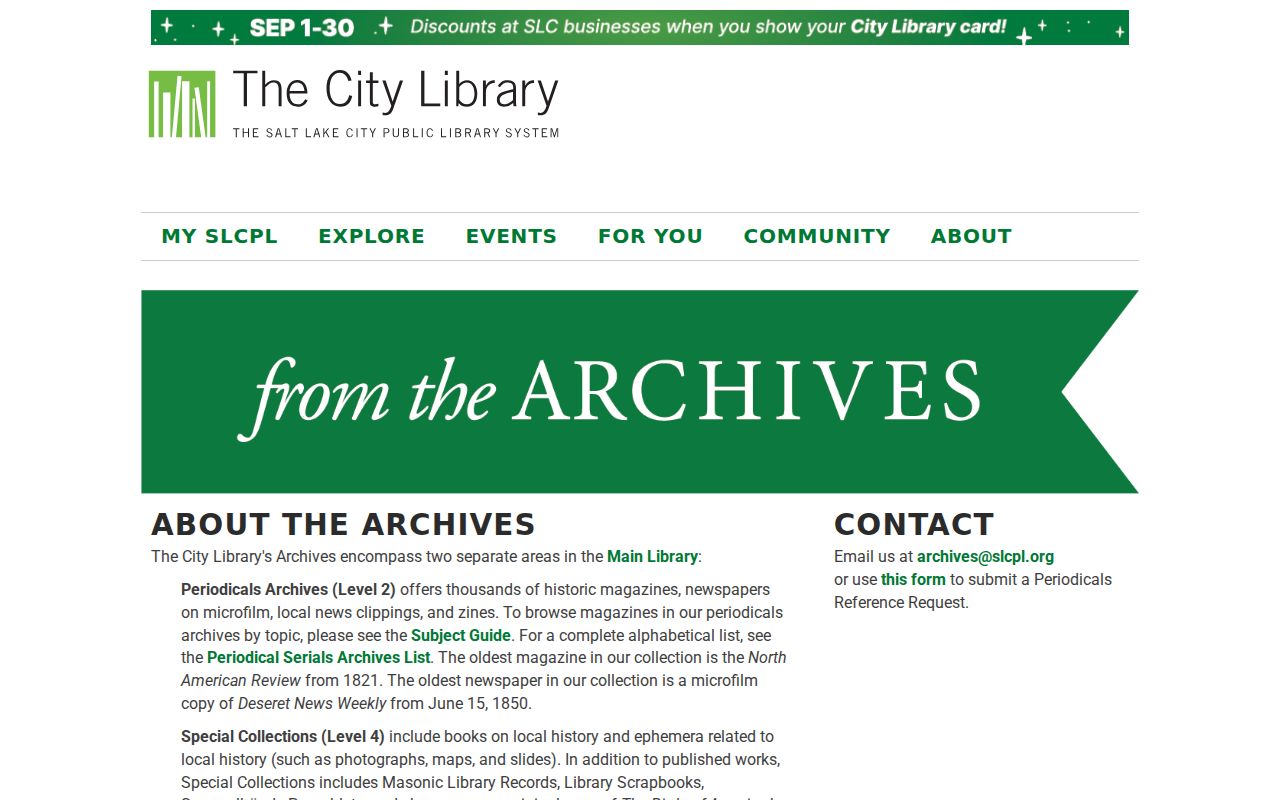 Salt Lake City Public Library Archives local history and microfilm resources
