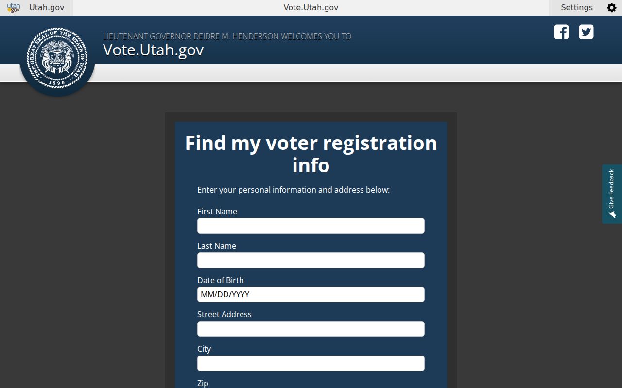 Vote Utah resident status lookup fields for name and South Salt Lake address